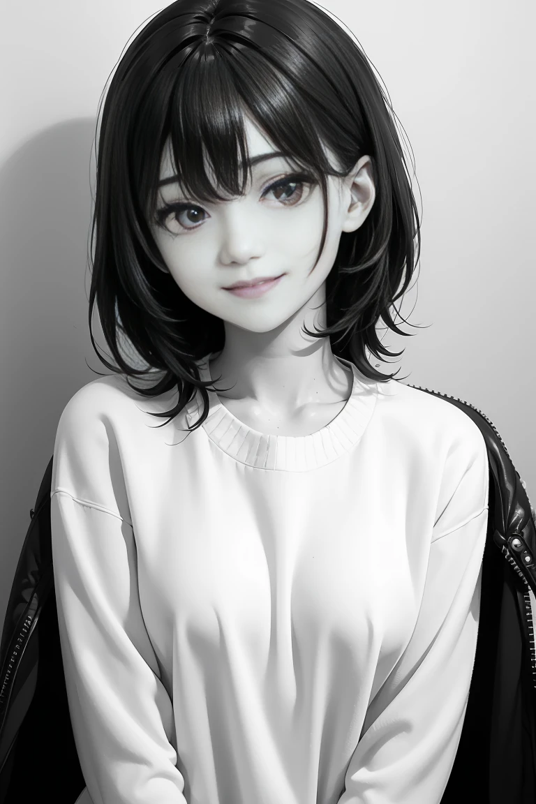 NauSKaaValOfWi, monochrome, greyscale, detailed 1girl, looking at viewer, sad smile, upper body,