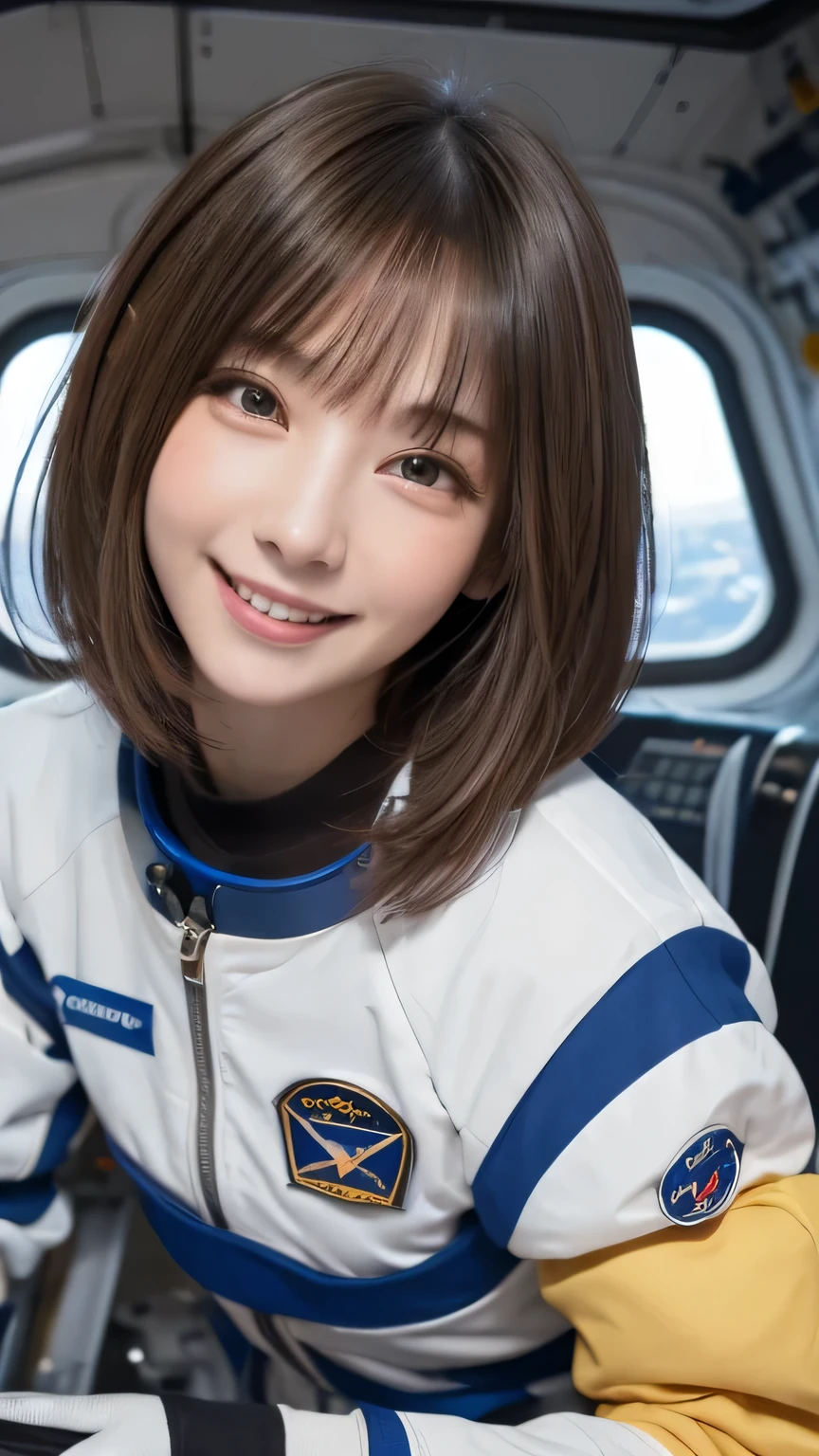 closeup shot , Best picture quality (8K, high resolution, Masterpiece: 1.2), super detailed,  215 Short Hair, 16-year-old woman, 

situation: Scenes of people working inside a spaceship or on a space station。
clothing: Spacesuit、Helmet、Gloves。
angle:
Close-up: Hands wearing Spacesuit、A detailed depiction of a person gazing into space。
Detailed depiction: Spacecraft instruments and Earth scenery in the background、Emphasizing the thrill of exploration and adventure。


, Close-up of face 

, random cute pose ,big eyes ,Puffy eyes ,  Heart Pupil, blush  , huge shy smile , salute
