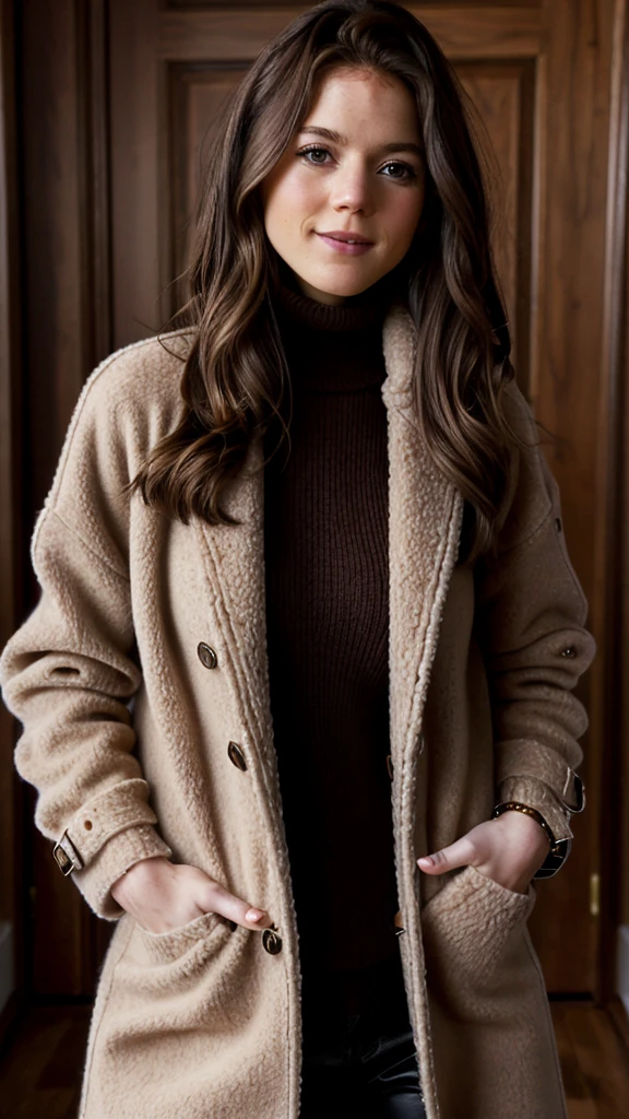 A young Caucasian woman with long brown hair wearing a beige coat, black turtleneck sweater, and beige pants