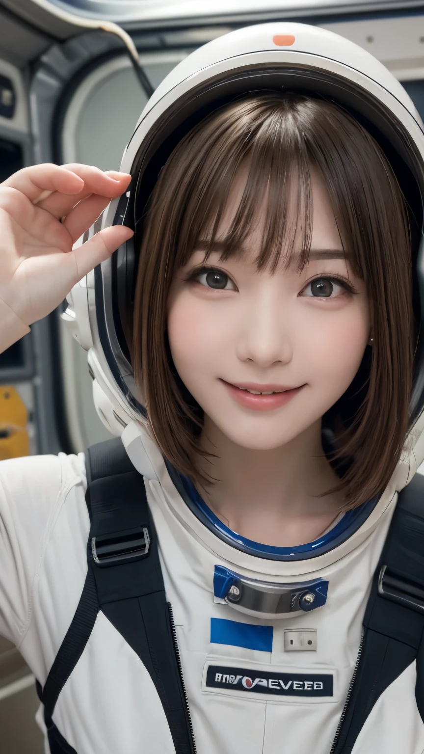 closeup shot , Best picture quality (8K, high resolution, Masterpiece: 1.2), super detailed,  215 Short Hair, 16-year-old woman, 

situation: Scenes of people working inside a spaceship or on a space station。
clothing: Spacesuit、Helmet、Gloves。
angle:
Close-up: Hands wearing Spacesuit、A detailed depiction of a person gazing into space。
Detailed depiction: Spacecraft instruments and Earth scenery in the background、Emphasizing the thrill of exploration and adventure。


, Close-up of face 

, random cute pose ,big eyes ,Puffy eyes ,  Heart Pupil, blush  , huge shy smile , salute
