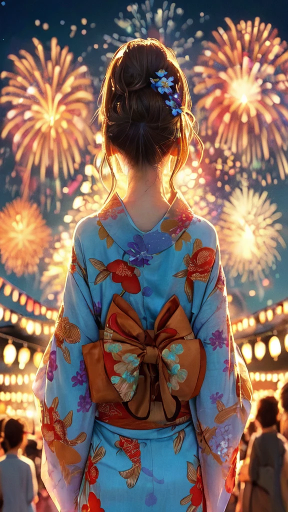 1lady solo, standing, back of head, (from behind), looking up at sky, (elegant yukata:1.1) (small golden fish-patterned:1.1), mature female, /(brown hair/), hair up, flower ornament, (nape of neck), (masterpiece best quality:1.2) delicate illustration ultra-detailed BREAK (summer festival) outdoors, (elegant fireworks), night sky, contrast, crowded, detailed background