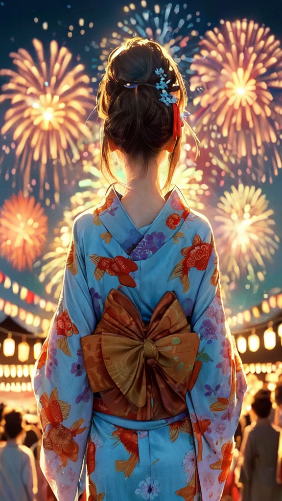 1lady solo, standing, back of head, (from behind), looking up at sky, (elegant yukata:1.1) (small golden fish-patterned:1.1), mature female, /(brown hair/), hair up, flower ornament, (nape of neck), (masterpiece best quality:1.2) delicate illustration ultra-detailed BREAK (summer festival) outdoors, (elegant fireworks), night sky, contrast, crowded, detailed background