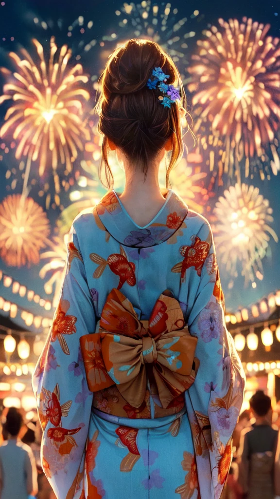 1lady solo, standing, back of head, (from behind), looking up at sky, (elegant yukata:1.1) (small golden fish-patterned:1.1), mature female, /(brown hair/), hair up, flower ornament, (nape of neck), (masterpiece best quality:1.2) delicate illustration ultra-detailed BREAK (summer festival) outdoors, (elegant fireworks), night sky, contrast, crowded, detailed background