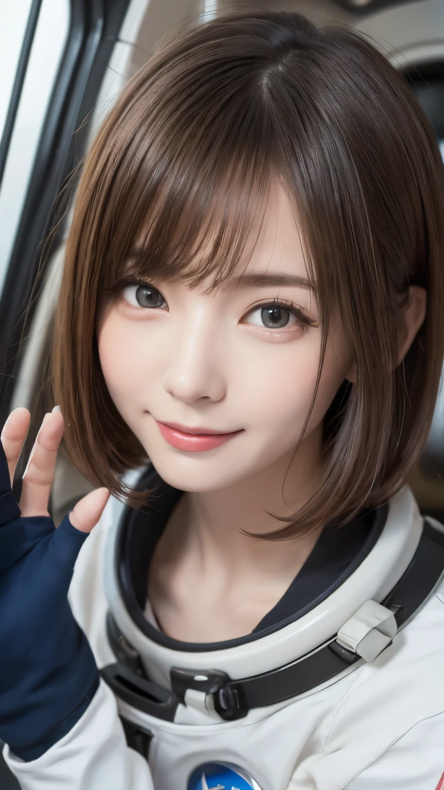closeup shot , Best picture quality (8K, high resolution, Masterpiece: 1.2), super detailed,  215 Short Hair, 16-year-old woman, 

situation: Scenes of people working inside a spaceship or on a space station。
clothing: Spacesuit、Helmet、Gloves。
angle:
Close-up: Hands wearing Spacesuit、A detailed depiction of a person gazing into space。
Detailed depiction: Spacecraft instruments and Earth scenery in the background、Emphasizing the thrill of exploration and adventure。


, Close-up of face 

, random cute pose ,big eyes ,Puffy eyes ,  Heart Pupil, blush  , huge shy smile , salute
