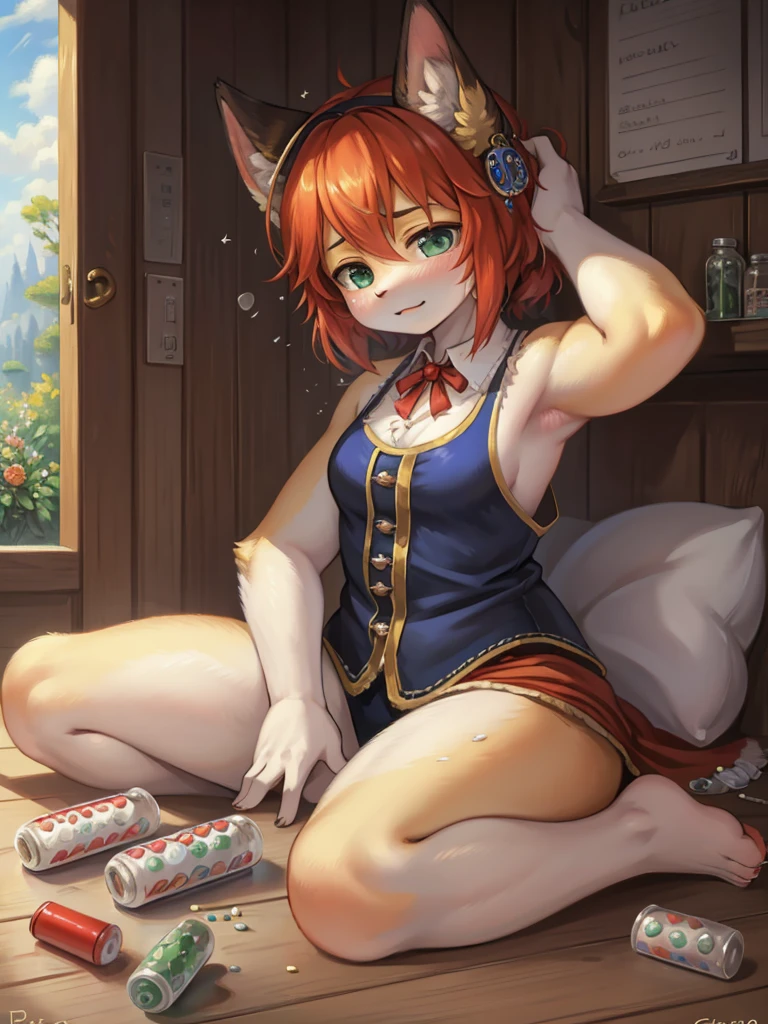 score_9, score_8_up, score_7_up, source_anime, 1girl, orange hair, orange eyes, low ponytail, cat ears, small breasts, eyeglasses, micro bikini maid, headdress, blouse, skirt, apron, areola, anxious, light smile, private room, mansion,