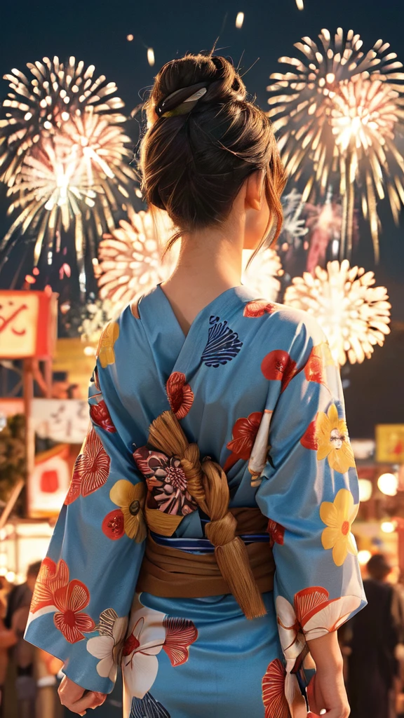 1lady solo, standing, back of head, (from behind), looking up at sky, (elegant yukata:1.1) (small golden fish-patterned:1.1), mature female, /(brown hair/), hair up, flower ornament, (nape of neck), (masterpiece best quality:1.2) delicate illustration ultra-detailed BREAK (summer festival) outdoors, (elegant fireworks), night sky, contrast, crowded, detailed background