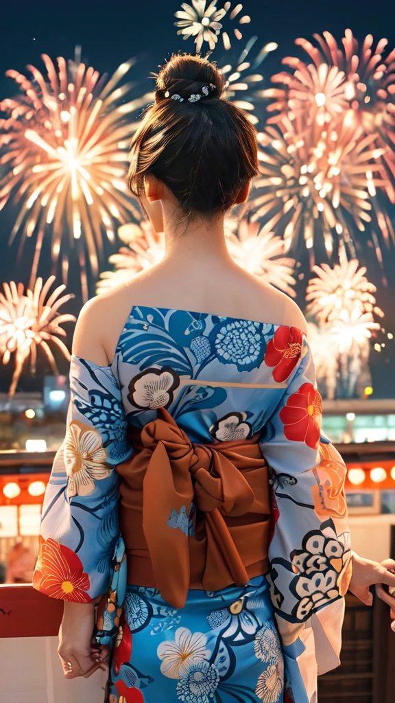 1lady solo, standing, back of head, (from behind), looking up at sky, (elegant yukata:1.1) (small golden fish-patterned:1.1), mature female, /(brown hair/), hair up, flower ornament, (nape of neck), (masterpiece best quality:1.2) delicate illustration ultra-detailed BREAK (summer festival) outdoors, (elegant fireworks), night sky, contrast, crowded, detailed background