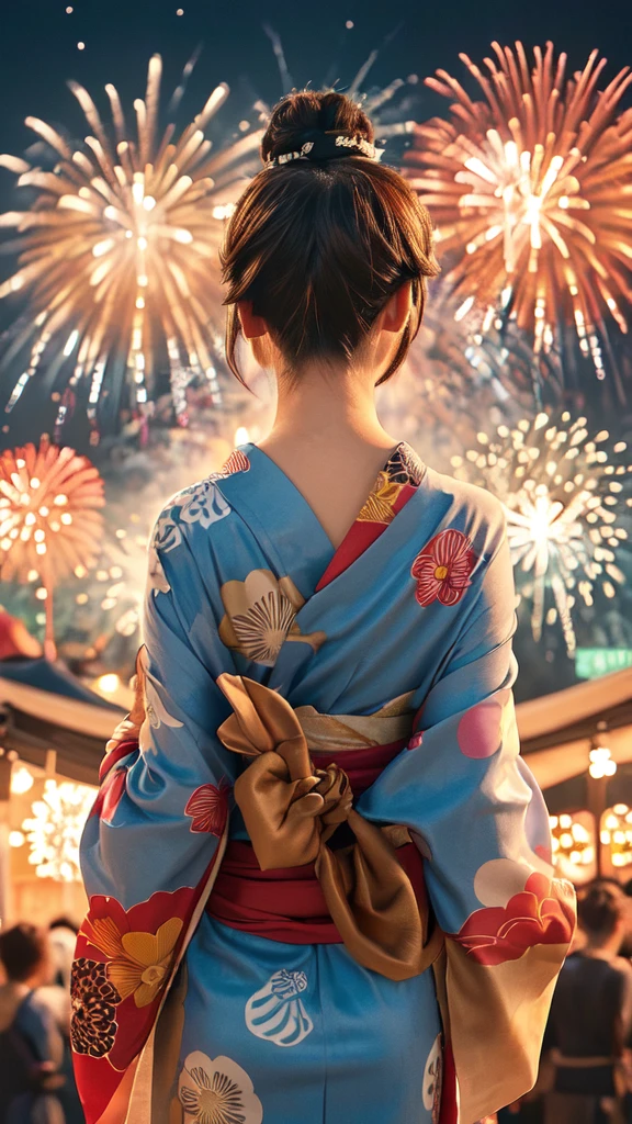 1lady solo, standing, back of head, (from behind), looking up at sky, (elegant yukata:1.1) (small golden fish-patterned:1.1), mature female, /(brown hair/), hair up, flower ornament, (nape of neck), (masterpiece best quality:1.2) delicate illustration ultra-detailed BREAK (summer festival) outdoors, (elegant fireworks), night sky, contrast, crowded, detailed background