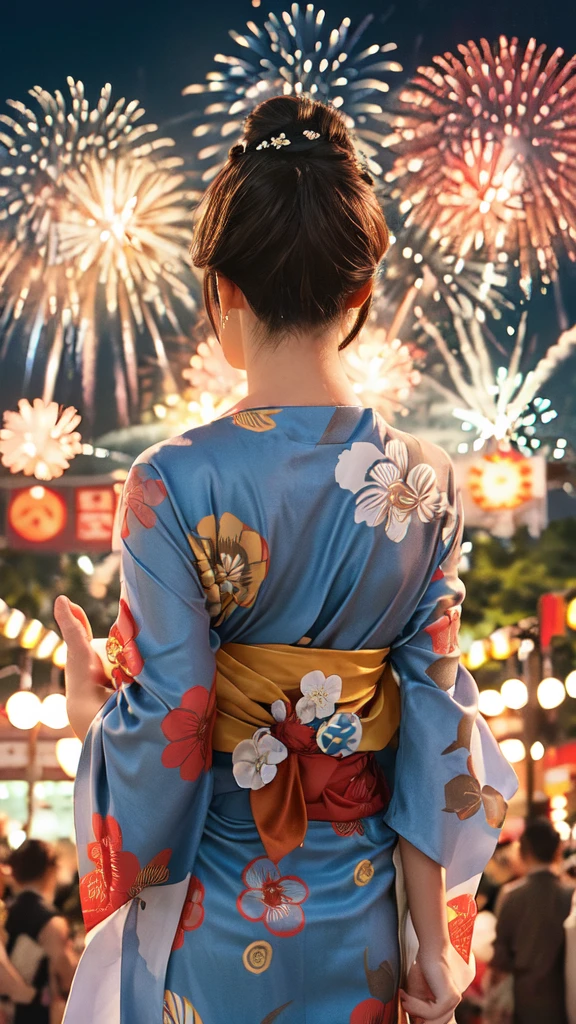 1lady solo, standing, back of head, (from behind), looking up at sky, (elegant yukata:1.1) (small golden fish-patterned:1.1), mature female, /(brown hair/), hair up, flower ornament, (nape of neck), (masterpiece best quality:1.2) delicate illustration ultra-detailed BREAK (summer festival) outdoors, (elegant fireworks), night sky, contrast, crowded, detailed background