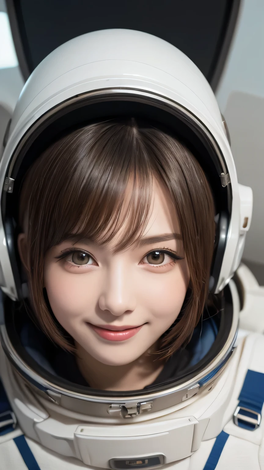 closeup shot , Best picture quality (8K, high resolution, Masterpiece: 1.2), super detailed,  215 Short Hair, 16-year-old woman, 

situation: Scenes of people working inside a spaceship or on a space station。
clothing: Spacesuit、Helmet、Gloves。
angle:
Close-up: Hands wearing Spacesuit、A detailed depiction of a person gazing into space。
Detailed depiction: Spacecraft instruments and Earth scenery in the background、Emphasizing the thrill of exploration and adventure。


, Close-up of face 

, random cute pose ,big eyes ,Puffy eyes ,  Heart Pupil, blush  , huge shy smile , salute
