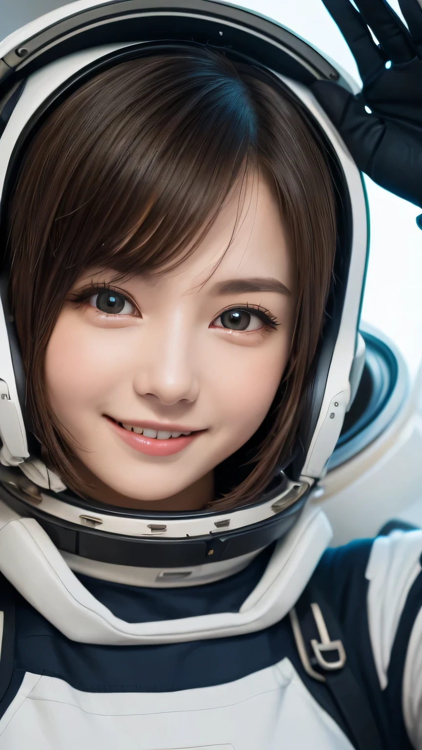 closeup shot , Best picture quality (8K, high resolution, Masterpiece: 1.2), super detailed,  215 Short Hair, 16-year-old woman, 

situation: Scenes of people working inside a spaceship or on a space station。
clothing: Spacesuit、Helmet、Gloves。
angle:
Close-up: Hands wearing Spacesuit、A detailed depiction of a person gazing into space。
Detailed depiction: Spacecraft instruments and Earth scenery in the background、Emphasizing the thrill of exploration and adventure。


, Close-up of face 

, random cute pose ,big eyes ,Puffy eyes ,  Heart Pupil, blush  , huge shy smile , salute
