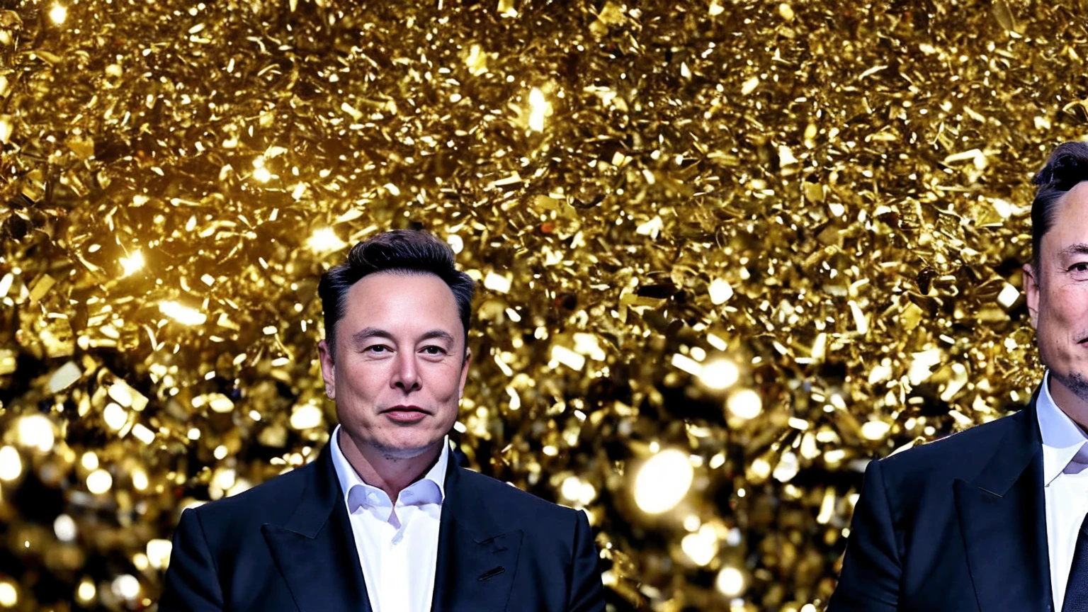 elon musk in front of a mansion full of gold coins falling from the sky, ultra detailed image, realism, 8k, hyper detailed skin, intense and vivid colors.