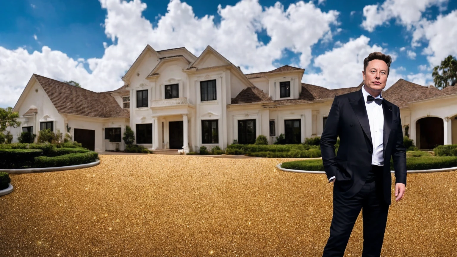 elon musk in front of a mansion full of gold coins falling from the sky, ultra detailed image, realism, 8k, hyper detailed skin, intense and vivid colors.