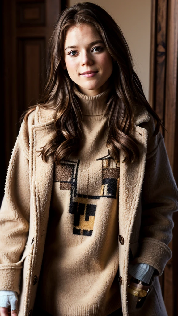 A young Caucasian woman with long brown hair wearing a beige coat, black turtleneck sweater, and beige pants