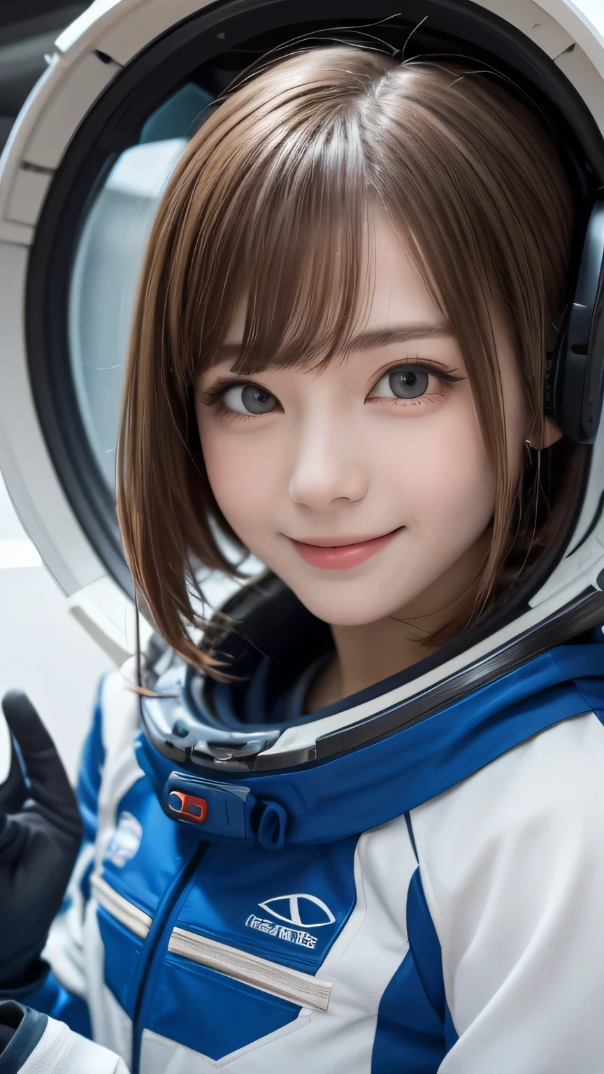 closeup shot , Best picture quality (8K, high resolution, Masterpiece: 1.2), super detailed,  215 Short Hair, 16-year-old woman, 

situation: Scenes of people working inside a spaceship or on a space station。
clothing: Spacesuit、Helmet、Gloves。
angle:
Close-up: Hands wearing Spacesuit、A detailed depiction of a person gazing into space。
Detailed depiction: Spacecraft instruments and Earth scenery in the background、Emphasizing the thrill of exploration and adventure。


, Close-up of face 

, random cute pose ,big eyes ,Puffy eyes ,  Heart Pupil, blush  , huge shy smile , salute
