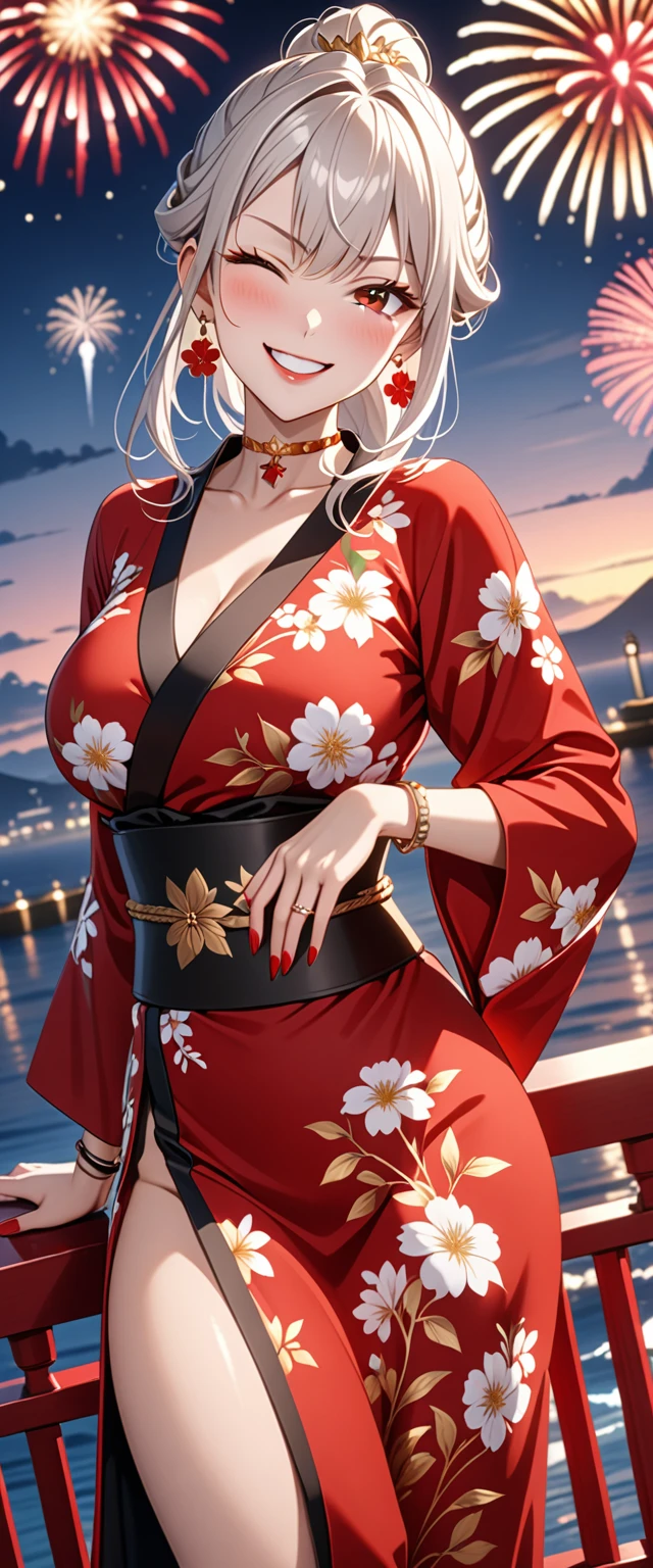 ((one personの女性)), Beautiful Face, Laughing embarrassedly,((Wink:2.0)),((a woman in a sexy pose. She is lying on a sofa, supporting her head with one hand while the other hand is sensually running along her body. Her expression is seductive:1.3)),Laughing with your mouth open,((Red cheeks:1.4)),Lighting on the face,Glossy pink lips,night,rooftop,Festive decorations,You can see the ocean, firework,((Anime style background)),masterpiece, highest quality, so beautiful, Latest, Complex details, (Pink long nails),(ring),(flower bracelet),Floral choker,AI-generated, Complex,High resolution, highest quality, super high quality,3D Images、View your viewers、3D Images,one person,Long Blonde Hair,High Ponytail,Turquoise Eyes,Anime woman posing for a photo, (Fine grain,Colorful eyes,Shining Eyes:1.4),(Squint your eyes:1.1),a hyperRealistic , hyperRealistic , Realistic,Blonde anime woman with long hair, Smooth anime CG art, A woman in a colorful kimono with gold embroidery, (Pink kimono),Red floral pattern,Long flower hair ornament,Large floral earrings,(ring),(Big Breasts:1.1),Mature Body,Tall,Big Ass,Narrow waist,Abdominal muscles,(Zoom in on face:1.1),Hold a wine glass in one hand
