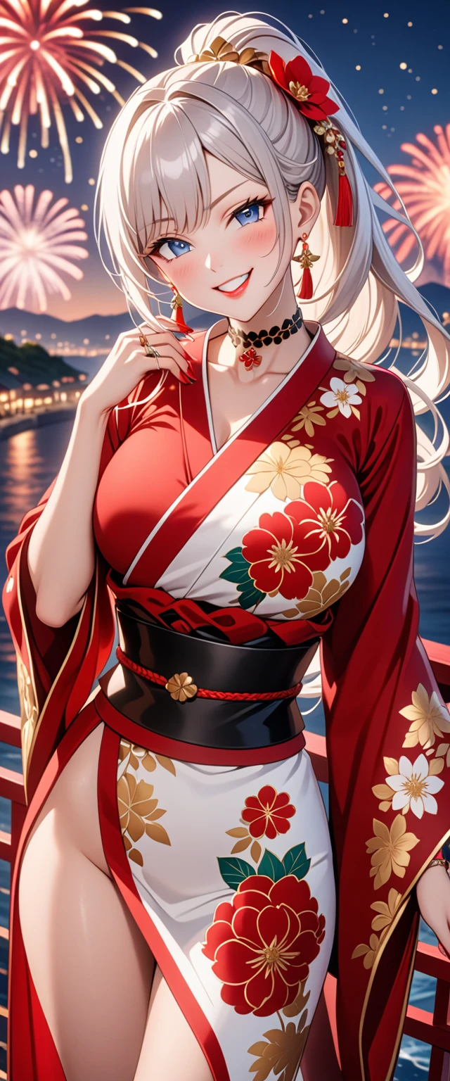 ((One personの女性)), Beautiful Face, (Laugh shyly), (Captivating smile:1.4), ((Wink:1.5)), ((Tilt your head:1.1)), Laugh with your mouth wide open, Upper teeth, View your viewers, ((Doing sexy poses)), ((full-face brash:1.4)), Glossy Red Lips, ((Big Breasts:1.3)), Night Port, Sea view terrace, firework, Glossy Red Lips, (Shining Face), ((Anime style background)),masterpiece, Highest quality, so beautiful,Latest, Complex details, (long nails of red color), (nail art), (ring),(bracelet),(Floral Choker), AI-generated, Complex,High resolution, Highest quality, super high quality,3D Images、3D Images,One person,Long white hair,High Ponytail, Anime woman posing for a photo, ((Silver Eyes:1.7)), ((Fine grain、Light blue eyes、Shining Eyes:1.4)), (Squint your eyes:1.1),a hyperRealistic , hyperRealistic , Realistic,Long white hairのアニメ女性, Smooth anime CG art, (A woman in a colorful kimono with gold embroidery), ((Black kimono:1.5)), Red floral pattern,Long flower hair ornament,Floral Earrings,((black high heel sandals)),Mature Body,Tall,Abdominal muscles,Tight waist, ((full body:1.5)), (Zoom in on face), (dutch angle:1.3),