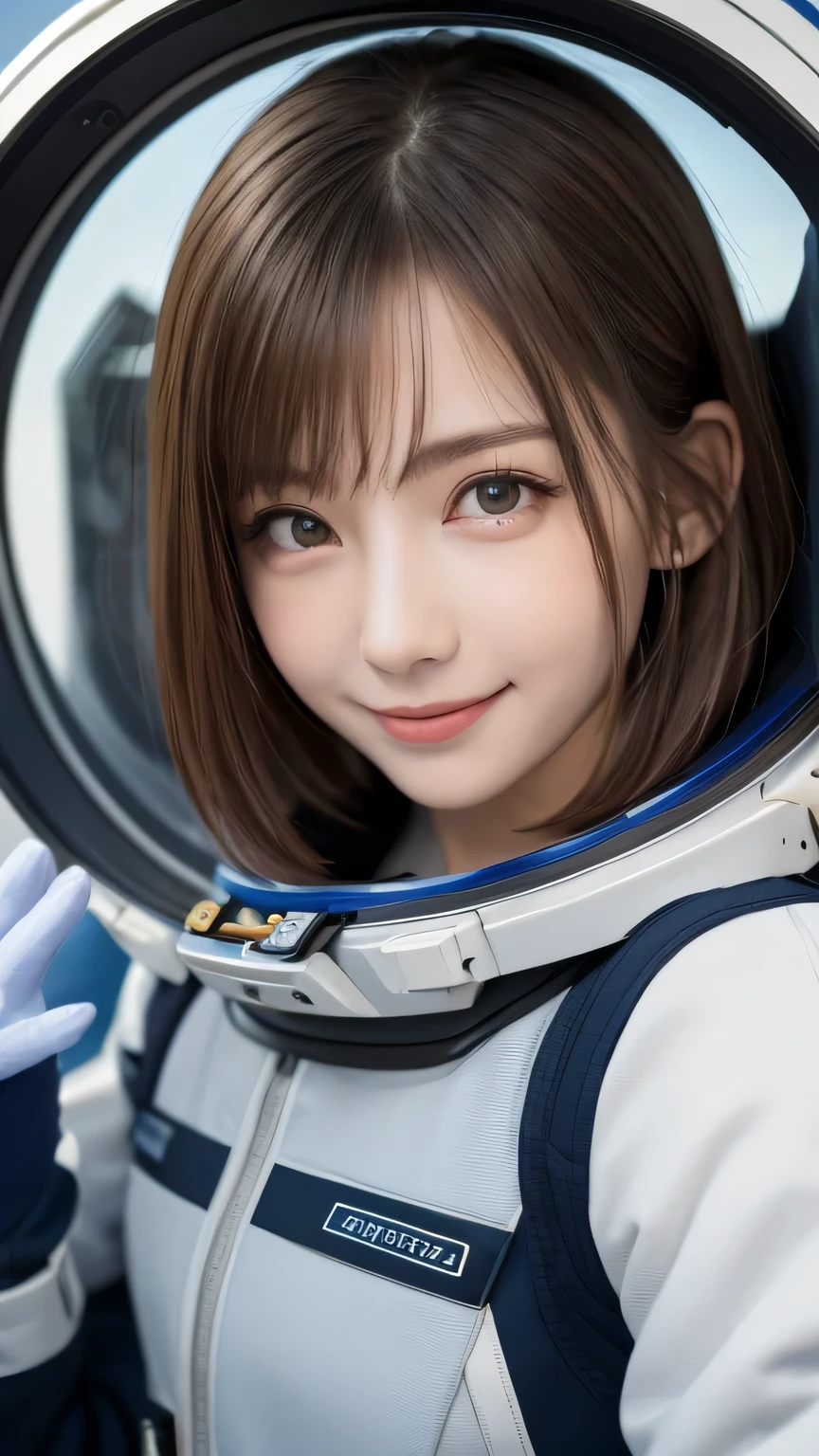 closeup shot , Best picture quality (8K, high resolution, Masterpiece: 1.2), super detailed,  215 Short Hair, 16-year-old woman, 

situation: Scenes of people working inside a spaceship or on a space station。
clothing: Spacesuit、Helmet、Gloves。
angle:
Close-up: Hands wearing Spacesuit、A detailed depiction of a person gazing into space。
Detailed depiction: Spacecraft instruments and Earth scenery in the background、Emphasizing the thrill of exploration and adventure。


, Close-up of face 

, random cute pose ,big eyes ,Puffy eyes ,  Heart Pupil, blush  , huge shy smile , salute
