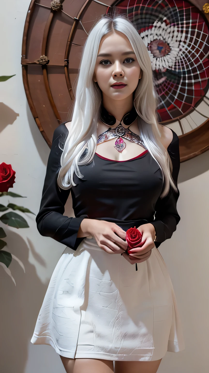 (best quality, masterpiece), (1girl, solo, black dress, standing , looking at viewer, white hair, red eyes, holding rose, closed mouth, upper body), (red dreamcatcher behind, red flower, )