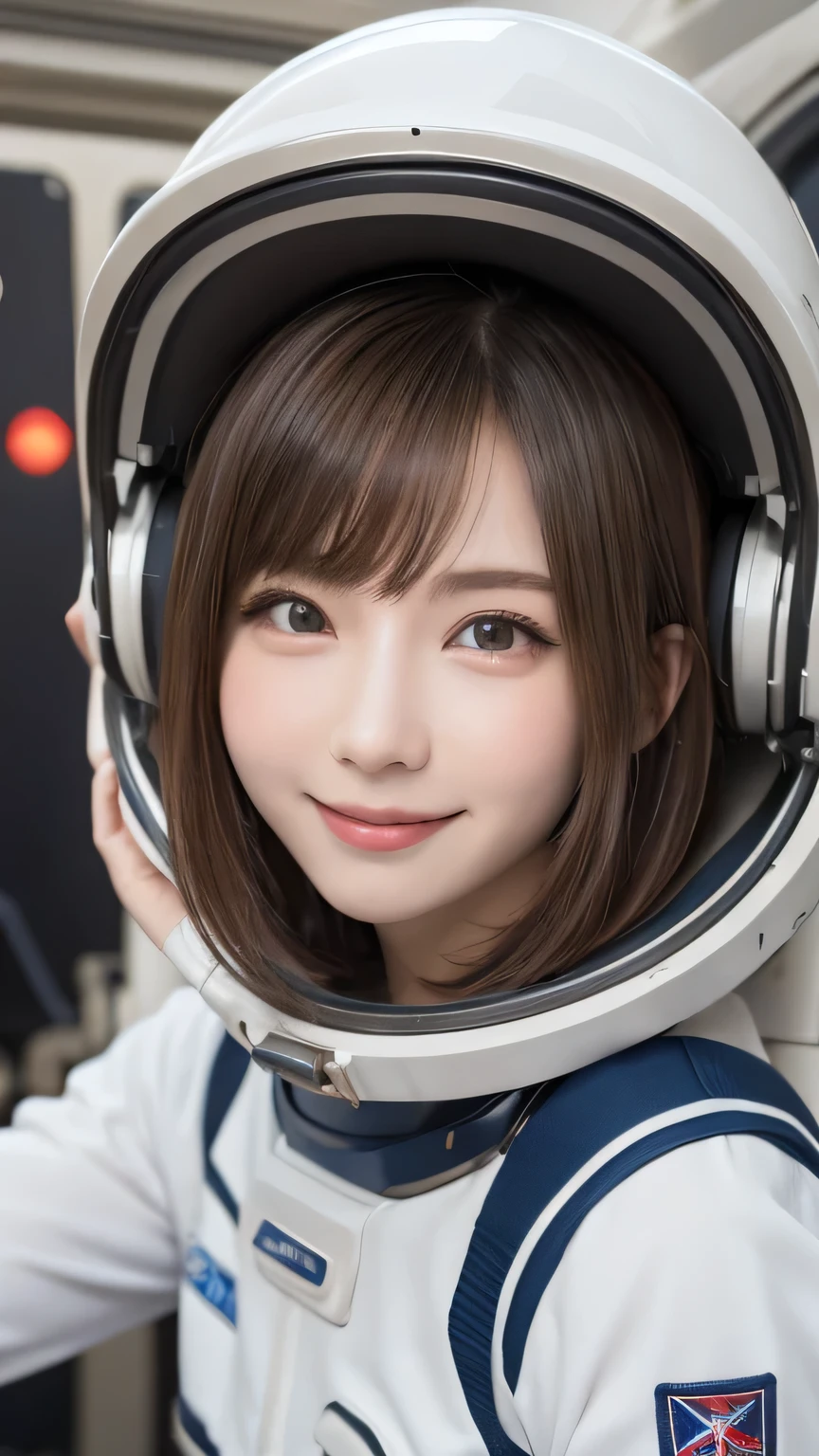 closeup shot , Best picture quality (8K, high resolution, Masterpiece: 1.2), super detailed,  215 Short Hair, 16-year-old woman, 

situation: Scenes of people working inside a spaceship or on a space station。
clothing: Spacesuit、Helmet、Gloves。
angle:
Close-up: Hands wearing Spacesuit、A detailed depiction of a person gazing into space。
Detailed depiction: Spacecraft instruments and Earth scenery in the background、Emphasizing the thrill of exploration and adventure。


, Close-up of face 

, random cute pose ,big eyes ,Puffy eyes ,  Heart Pupil, blush  , huge shy smile , salute
