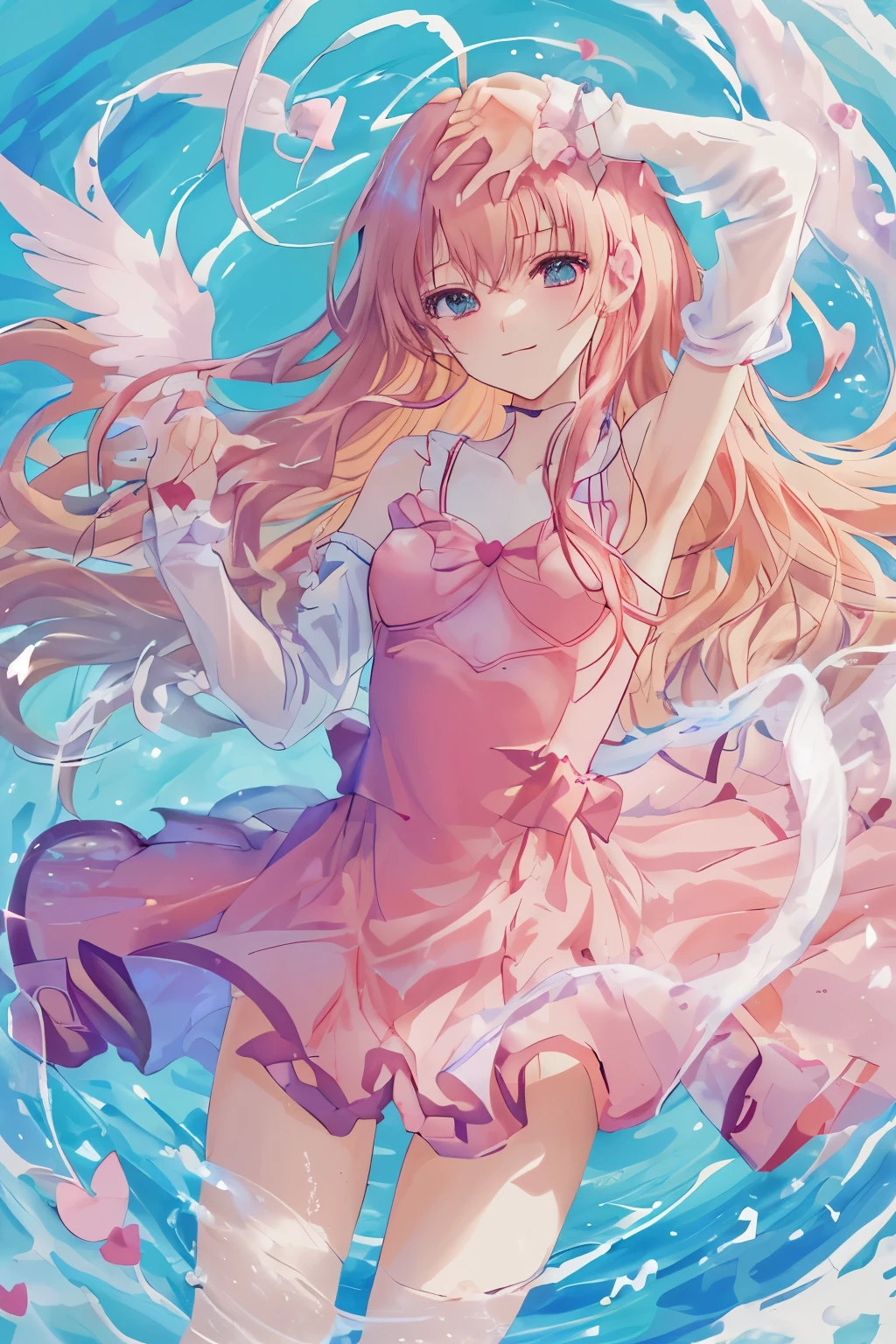 1_girl, (anime, kawai:2), (masterpeice, best_quality, clean:1.5), (sky_background:1.2), (cute, cute_smile, wholesome, young:2), (delicate, extremely_delicate, beautiful, thin:1.5), (girlfriend, angel:2), (green_eyes, simple_eyes:1.8) (long_hair, blond_hair:1.8), (combat:1.2), (wearing_pink_dress, pink_angel_wings:1.6), (combat:1.2), extremely_delicate, (love_magic:1.5), (age_size_fits_body), (small_thighs:1.3), (breasts), (eye_level:1.3), (heart_magic, love:1.8), (warm:1.8), (folded_legs:1.5)