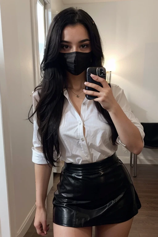 Sexy girl with long black hair taking a selfie in black mask and black dress shirt with stylish black leather skirt