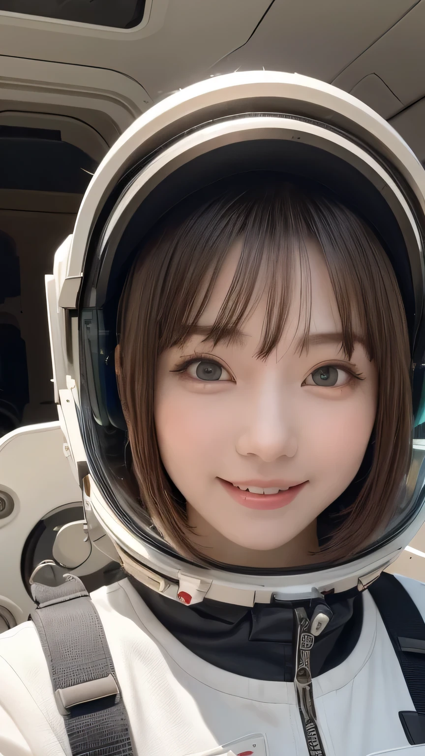 closeup shot , Best picture quality (8K, high resolution, Masterpiece: 1.2), super detailed,  215 Short Hair, 16-year-old woman, 

situation: Scenes of people working inside a spaceship or on a space station。
clothing: Spacesuit、Helmet、Gloves。
angle:
Close-up: Hands wearing Spacesuit、A detailed depiction of a person gazing into space。
Detailed depiction: Spacecraft instruments and Earth scenery in the background、Emphasizing the thrill of exploration and adventure。


, Close-up of face 

, random cute pose ,big eyes ,Puffy eyes ,  Heart Pupil, blush  , huge shy smile , salute
