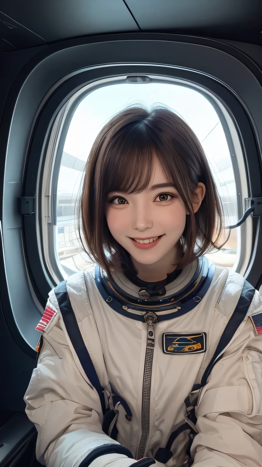 closeup shot , Best picture quality (8K, high resolution, Masterpiece: 1.2), super detailed,  215 Short Hair, 16-year-old woman, 

situation: Scenes of people working inside a spaceship or on a space station。
clothing: Spacesuit、Helmet、Gloves。
angle:
Close-up: Hands wearing Spacesuit、A detailed depiction of a person gazing into space。
Detailed depiction: Spacecraft instruments and Earth scenery in the background、Emphasizing the thrill of exploration and adventure。


, Close-up of face 

, random cute pose ,big eyes ,Puffy eyes ,  Heart Pupil, blush  , huge shy smile , salute
