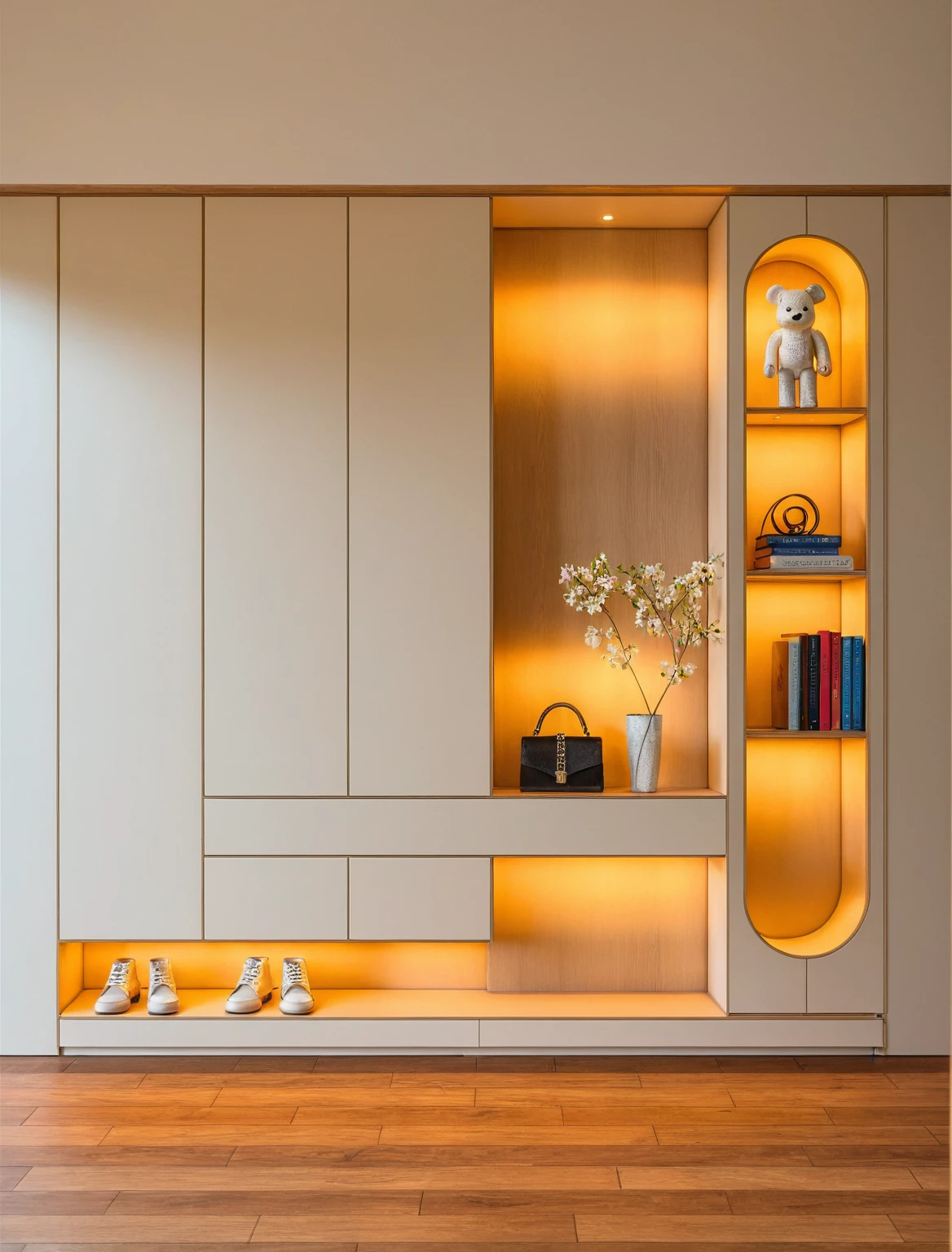 Raw photo,Masterpiece, high quality, best quality, authentic, super detail, interior, shoes Cabinet style modern, sunset, daylight, shoe cabinets, decorative cabinets, flower vases, decorations, books, wooden floor, handbags, shoes, bearbrick, 