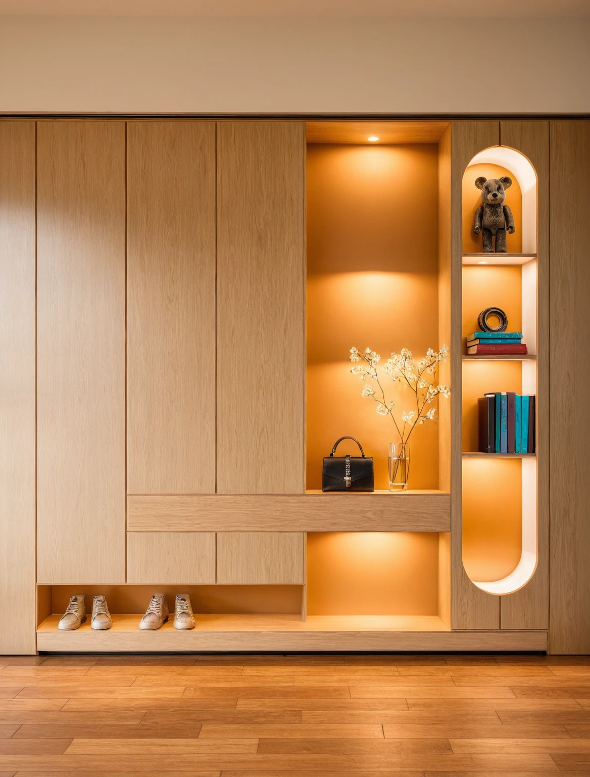 Raw photo,Masterpiece, high quality, best quality, authentic, super detail, interior, shoes Cabinet style modern, sunset, daylight, shoe cabinets, decorative cabinets, flower vases, decorations, books, wooden floor, handbags, shoes, bearbrick, 