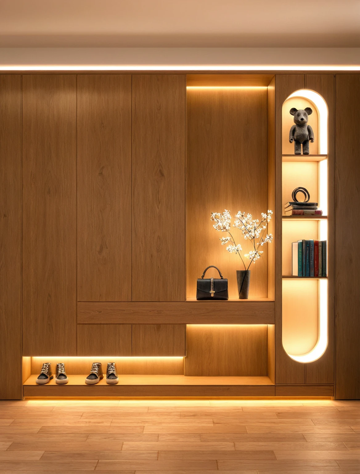 Raw photo,Masterpiece, high quality, best quality, authentic, super detail, interior, shoes Cabinet style modern, sunset, daylight, shoe cabinets, decorative cabinets, flower vases, decorations, books, wooden floor, handbags, shoes, bearbrick, 