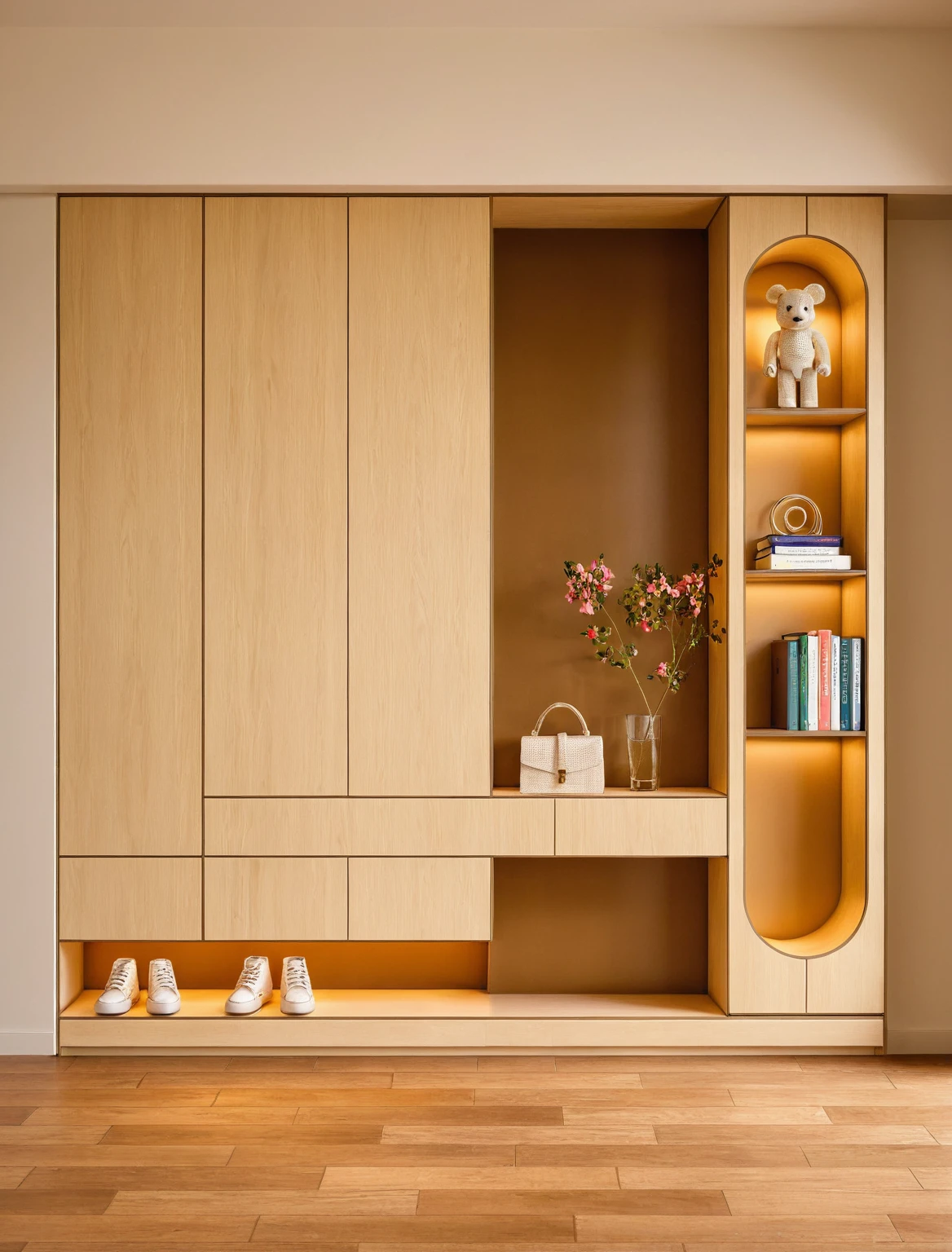 Raw photo,Masterpiece, high quality, best quality, authentic, super detail, interior, shoes Cabinet style modern, sunset, daylight, shoe cabinets, decorative cabinets, flower vases, decorations, books, wooden floor, handbags, shoes, bearbrick, 