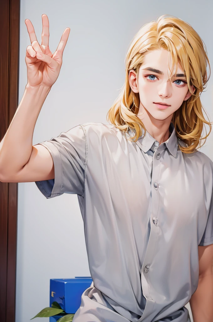 High quality masterpiece, super detailed, super emotion detailed, anime style, perfect face, clean eyes, Middle Ages, clean emotions, full body! A young man with blonde hair, in gray shirt, he is smiling with warm looking with love, looking at me, pale skin!!! kind, with gray eyes, He handed me a blue flower, short hair, he has warm smile. super quality, 4K, clean eyes, super quality ever! detailed emotions!, middle ages! wavy hair till cheeks!, peace sign, two finger gesture