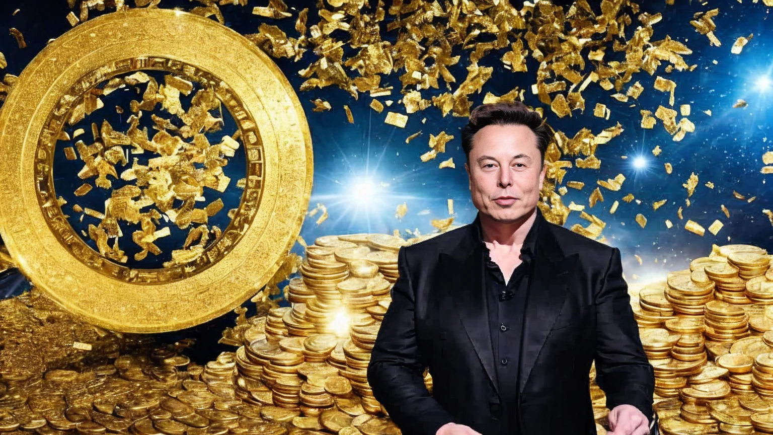 elon musk in front of a mansion full of gold coins falling from the sky, ultra detailed image, realism, 8k, hyper detailed skin, intense and vivid colors.