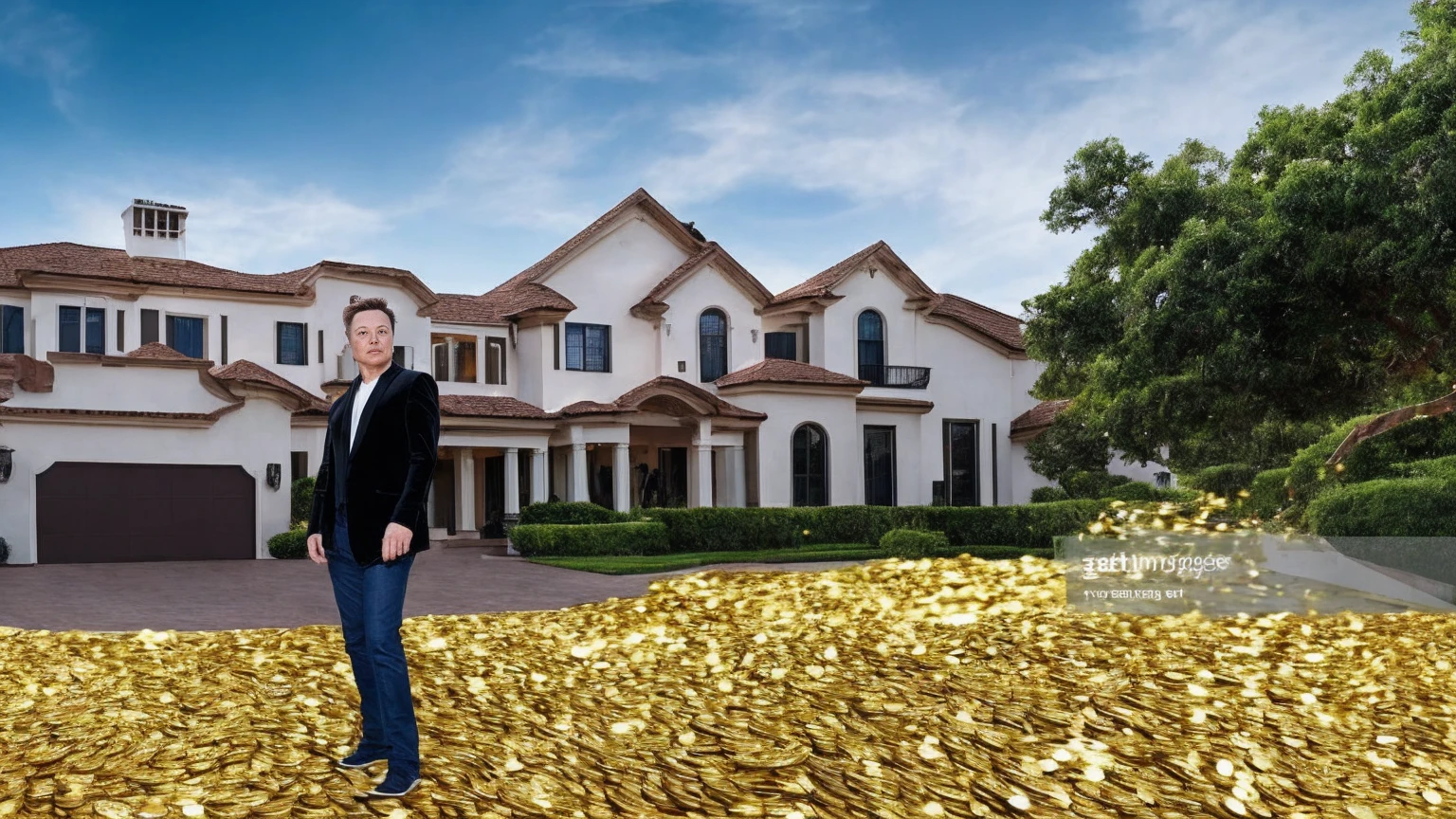 elon musk in front of a mansion full of gold coins falling from the sky, ultra detailed image, realism, 8k, hyper detailed skin, intense and vivid colors.