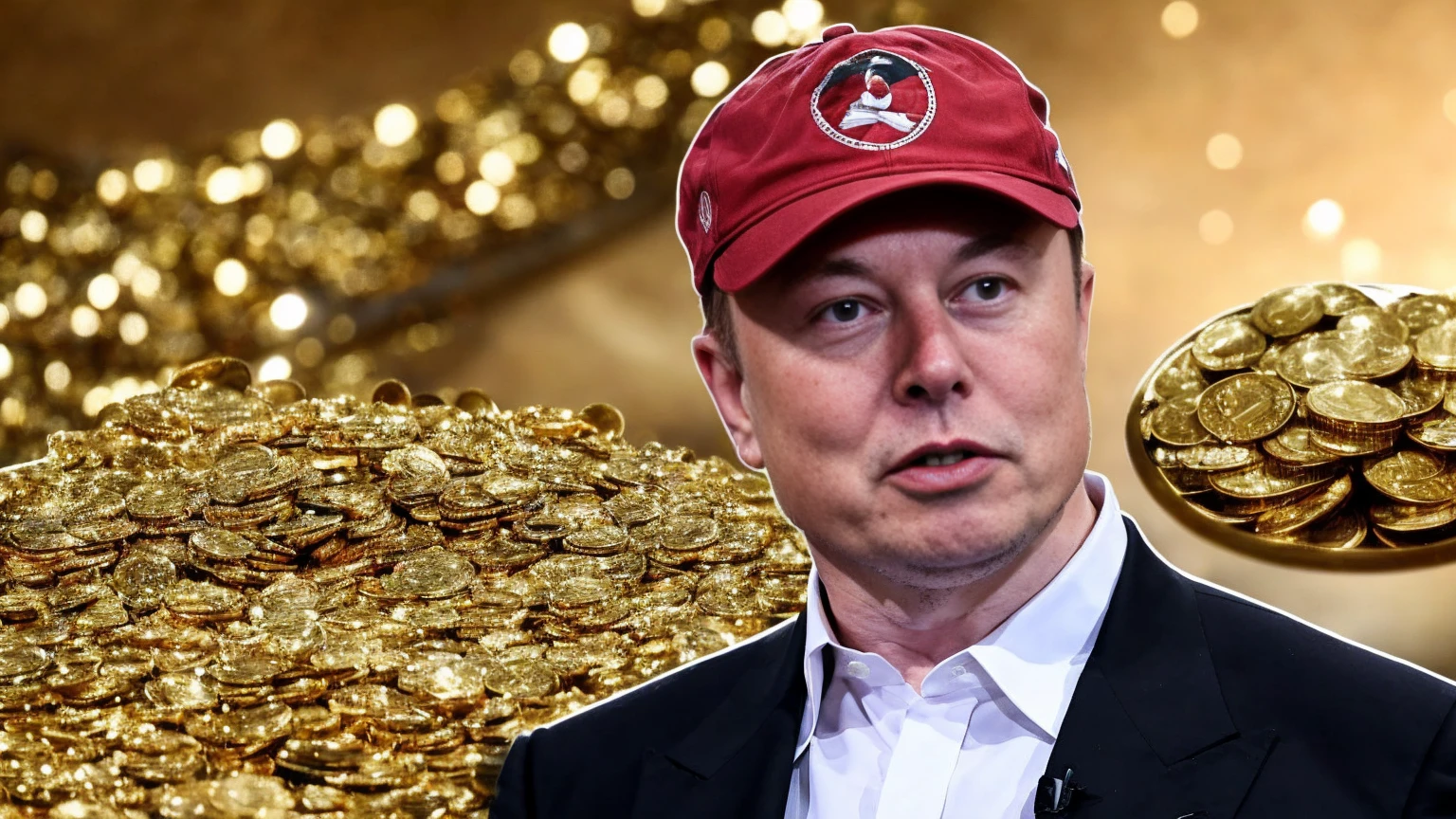 elon musk in front of a mansion full of gold coins falling from the sky, ultra detailed image, realism, 8k, hyper detailed skin, intense and vivid colors.