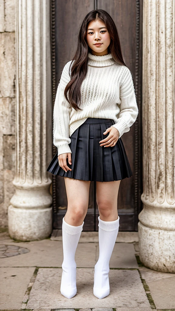 A young Asian woman with long dark hair wearing a white sweater, gray pleated skirt, and white thigh-high socks posing in front of the Belem Tower in Lisbon, Portugal