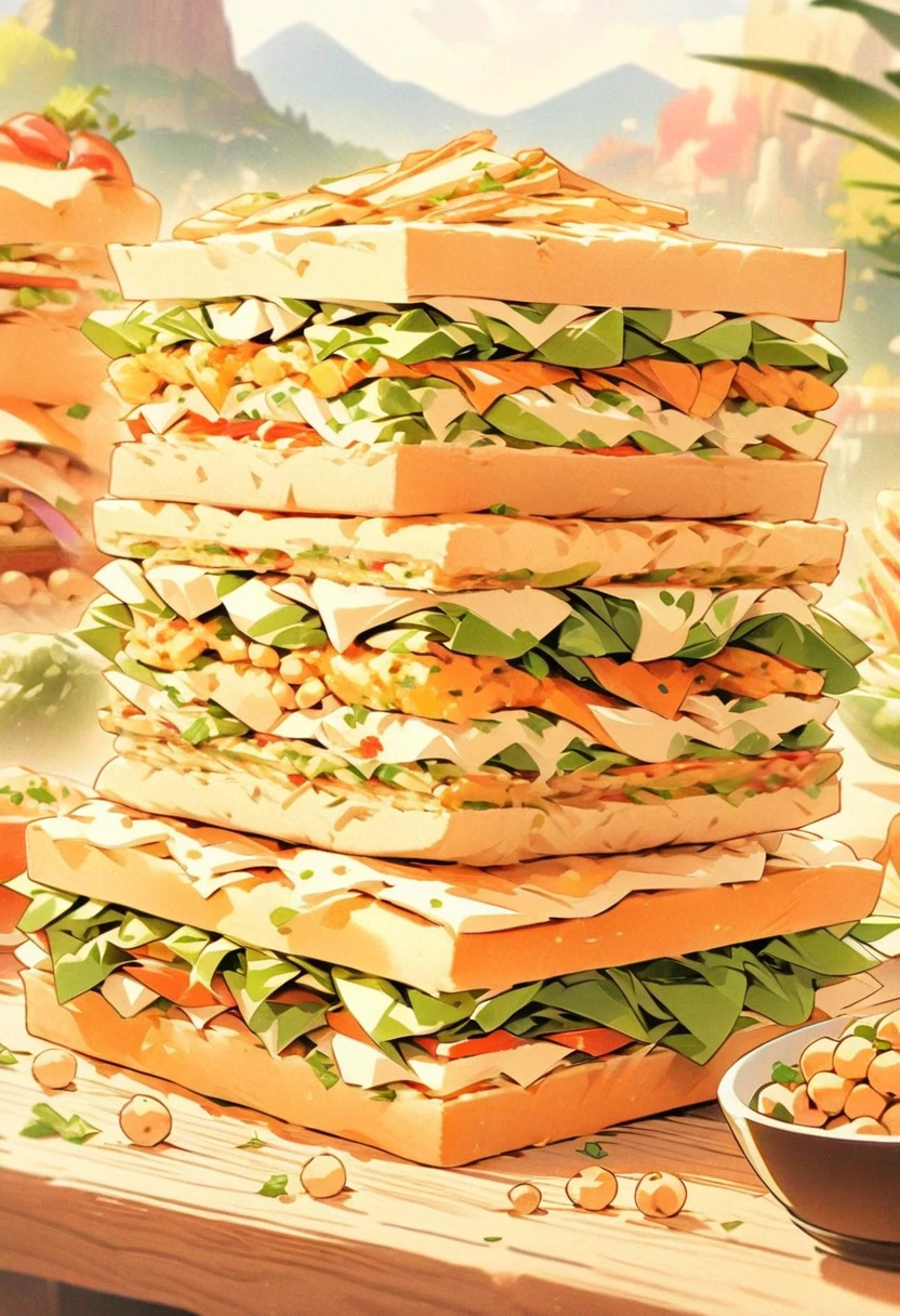 (masterpiece:1.2), (best quality), (ultra detailed), (8k, 4k, intricate),(highly detailed:1.2), (detailed background),detailed landscape, ((portrait)),  foodstyle,food, blurry, depth of field, table, food focus, vegetable, vector illustration, Chickpea Salad Sandwich, The thin sandwich should be cut diagonally, with one half slightly overlapping the other, revealing the colorful filling. Place it on a wooden board with a small pile of potato chips in the small bowl on the side.