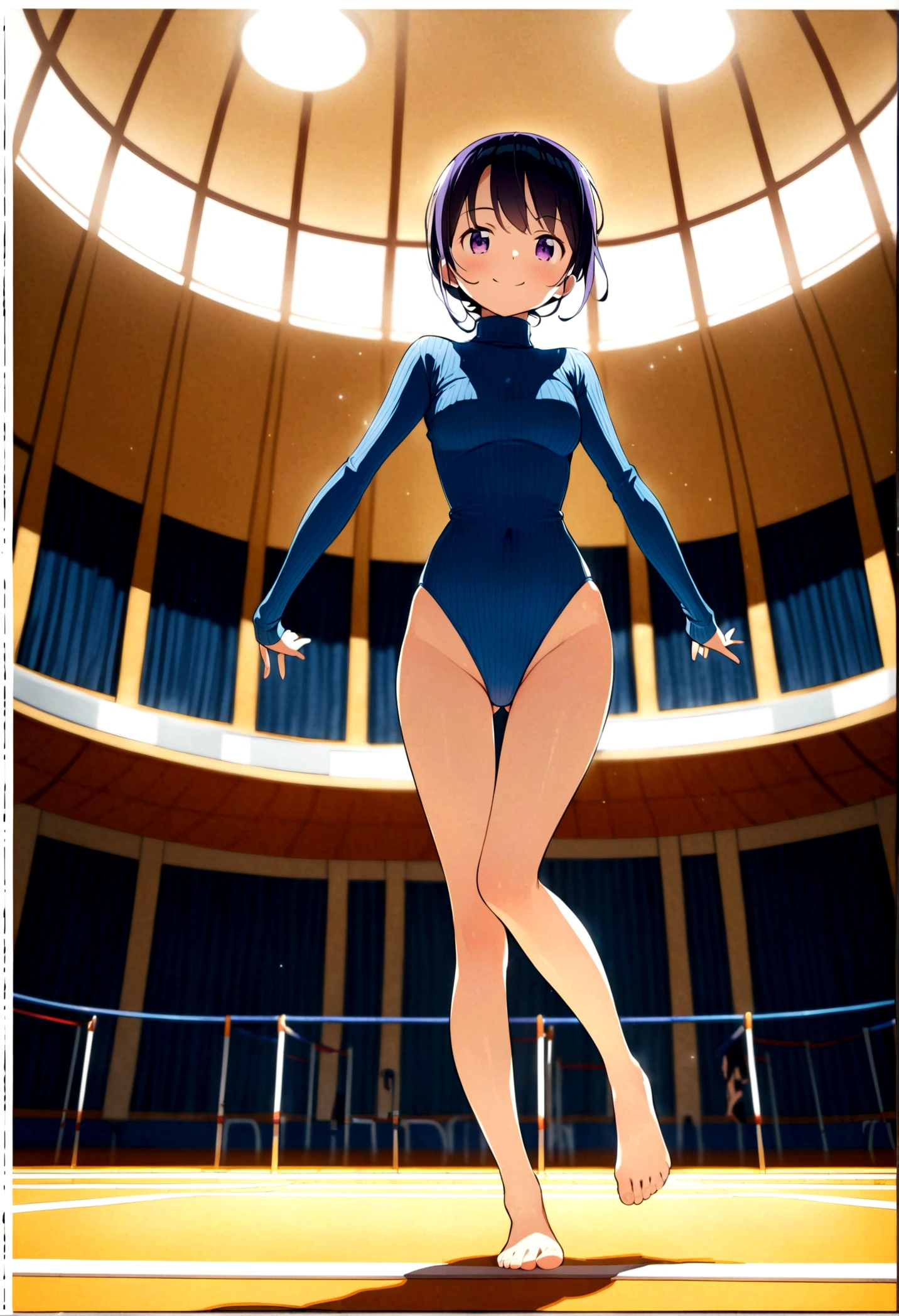 masterpiece, best quality, highres, 1girl, solo, superhero, leotard, blue and white leotard, bare legs, brown hair, short hair, brown eyes, hairband, medium hair, ribbon, boots, matching boots, blue boots, medium breasts, cowboy shot, smile, sky backdrop, haruhi suzumiya, kyoani haruhi style, sleeveless, flying, floating, looking at viewer, perfect arms, perfect legs, perfect hands, perfect feet, perfect fingers, perfect boots, perfect hair, perfect body,