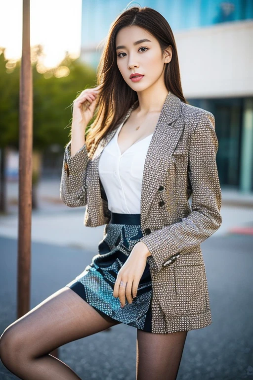 (Highest quality、Ultra-high resolution、masterpiece、8K、Realistic raw photo)、(Delicate face、Detailed eyes and face、Watery eyes、double eyelid、Glossy lips), ((1 girl)) 、Very beautiful woman、Slender、Slim Big、Sharp long legs、Alluring and sexy、(Geometric print blazer:1.2)、(Geometric print skirt:1.2),(silk pantyhose:1.1),(High heels)、Cleavage、High-definition skin texture、The wind is blowing、Sunlight shining on face and body、Modern architecture in the background、Above the knee shot、((Perfect body、Perfect Anatomy、Anatomically correct))
