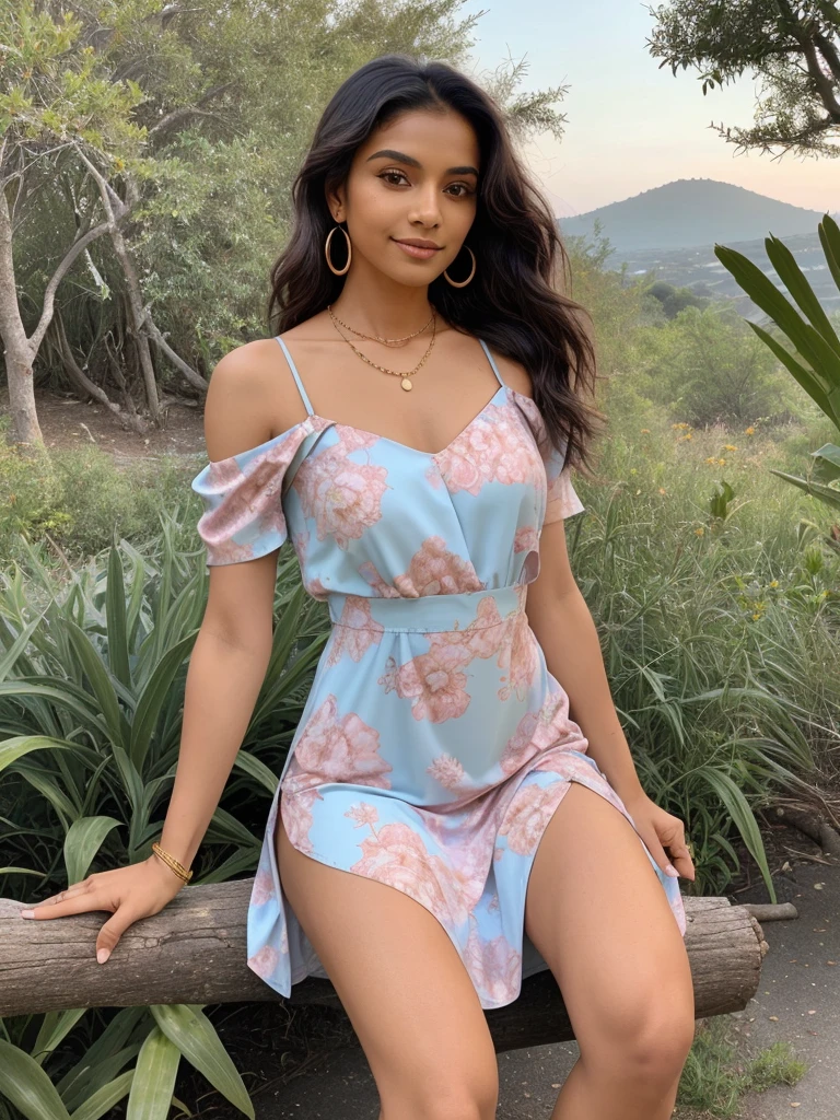 Create an ultra-realistic image of a modern, attractive female influencer of Indian descent, aged between 27 to 30. She should have a warm and inviting smile, expressive almond-shaped eyes with a slight shimmer, and clear, glowing skin with a medium brown complexion. Her features should be well-defined, with high cheekbones and a sharp jawline. Her hair should be long, thick, and wavy, with a natural shine and bounce, styled in loose waves. She should have a slender yet athletic build, reflecting a healthy and active lifestyle. only two legs and two hands

She is wearing a light, floral print summer dress in pastel shades like peach, mint green, or lavender, or a solid color like coral, sky blue, or white. Her outfit is completed with stylish black heeled sandals that add elegance to her look. She accessorizes with bold, statement jewelry such as necklaces, earrings, and bracelets in metallic gold colors. She also sports trendy black-framed sunglasses.

The background should feature picturesque hiking trails and forests, suggesting an adventurous and nature-loving lifestyle. Her overall appearance should exude confidence, approachability, and sophistication, capturing the essence of a contemporary Indian fashion influencer.