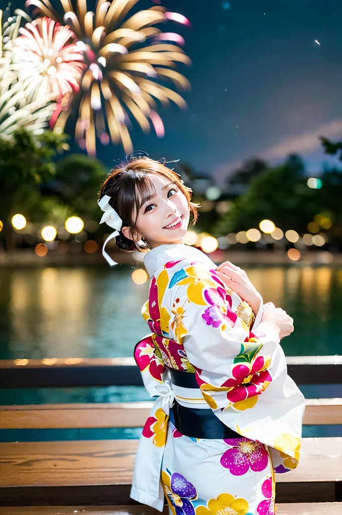 ((Highest quality, 8K, masterpiece: 1.3)),RAW Photos,Realistic atmosphere,Lens flare, Ray Tracing,(Detailed beautiful white skin:1.3),Beautiful Japanese, High-resolution face,Bun Hair,Red and gold hair ornament,(Watching the fireworks wearing a floral yukata:1.2),Huge fireworks,(White yukata with sleeves:1.2),((Ribbon-type obi:1.3)),((Looking back with an innocent smile:1.3)),Blurred grand fireworks,(Many colorful fireworks:1.2)Star Mine,Fireworks across the sky,Large fireworks,Huge fireworks