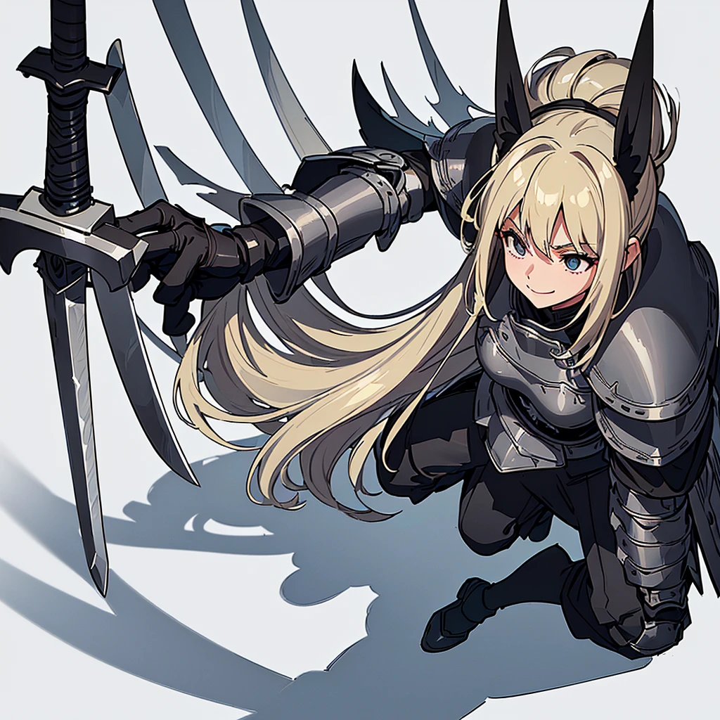 (((Solo)))、Highest quality, Best Quality、、Best illustrations、(Full body character concept、detailed)、(((Simple grey armor、Black trousers、Black gloves))、(woman、18-year-old)、(Blonde、Long Hair)、(((Grab the sword)))、Dramatic Angle、(White background)、(From above)、(Embarrassed、smile)