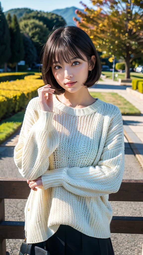 女の子1人、top-quality、realisitic、独奏、depth of fields、natural soft light、during daytime、魅惑的、beauitful face、cleanliness、Pure face、de pele branca、kawaii、short-hair、the beach、rays of sunshine、flat breast、small tits、full bodyesbian、( (Sweaters、beautiful countenance))、Clothes with open chest