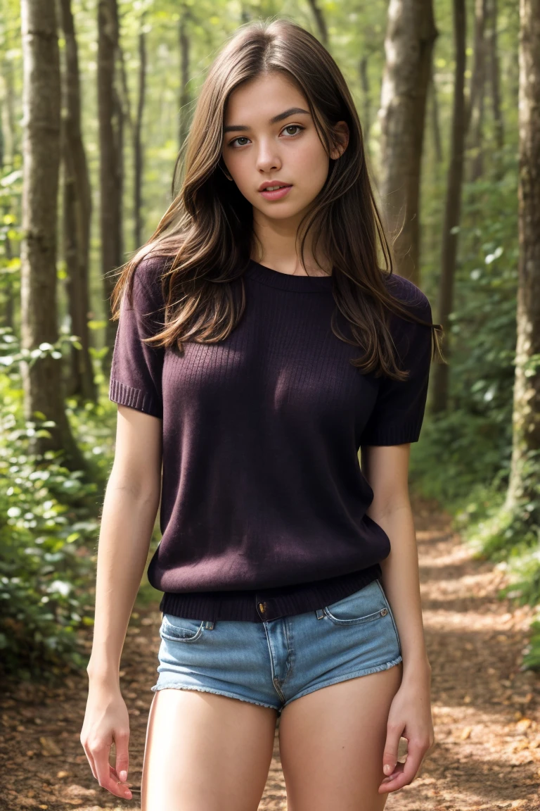 ((High-definition images, masterpiece, atmospheric perspective, 8K, Super detailed, Accurate, highest quality, single shot)), (casual style), Jacket, unbuttoned shirt, swollen areole, (round face, realistic eye size, droopy eyes, blush, smile), (((stand and spread your legs, ))), (in the forest, Mountain, rock, Narrow River, At night), blonde hair, small earrings, thin necklace, (light makeup),