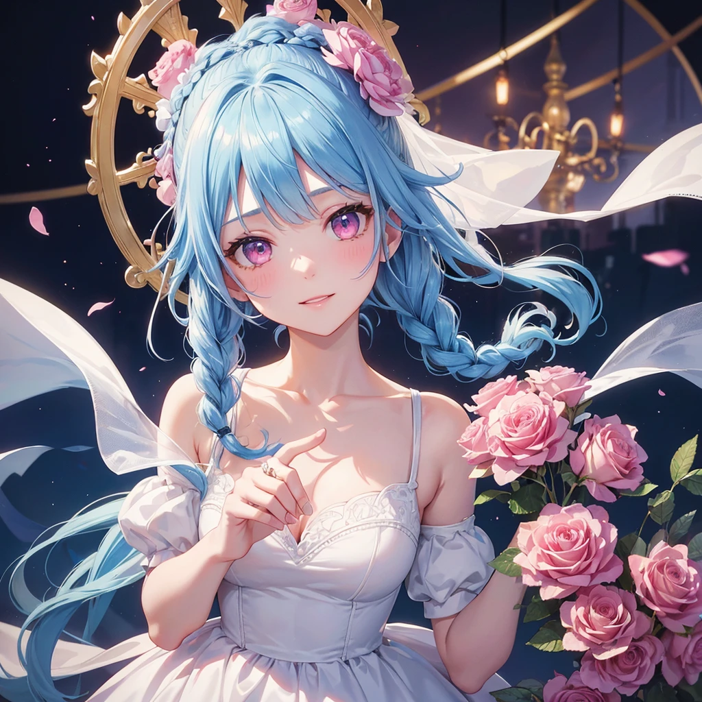 (Light blue medium hair),(Braided hair tied together)、Pink eyes、Fair skin、cowboy shot、Halloween、The background is a pumpkin ghost、Trick or Treat、A lot of sweets、Lollipop、Cosplay、A surprising smile、A dignified figure、solo、(masterpiece、Highest quality、Very detailed、Best Shadow)、(Detailed Background)、(Beautifully detailed face)、High contrast、(Best lighting、Very delicate and beautiful)、(Cinematic Light)、colorful、Hyper Detail、Dramatic Light、Exquisite detail、