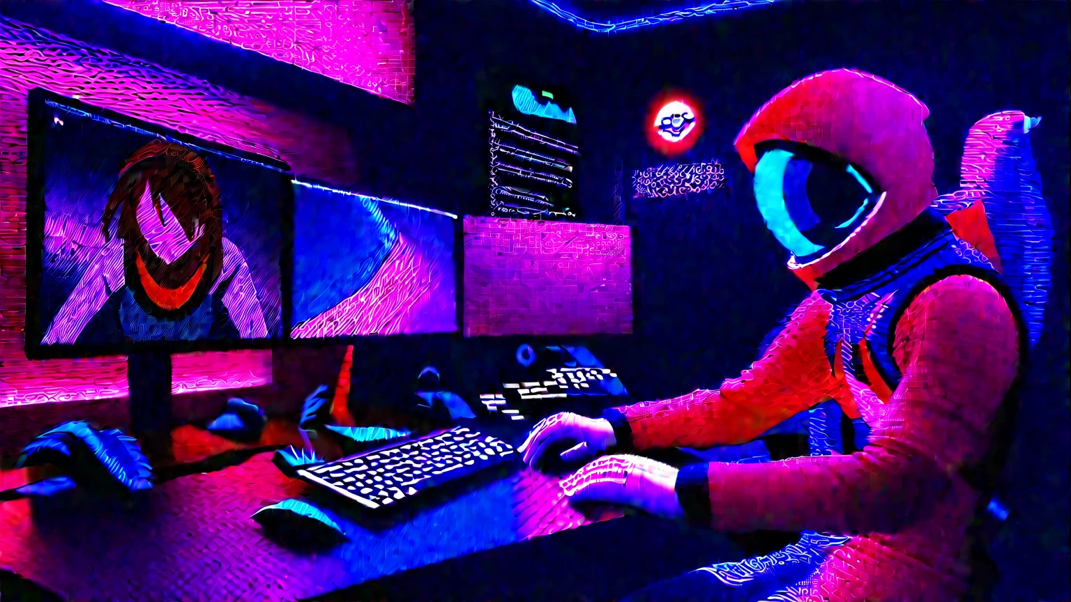 Chinese astronauts，Chinese astronauts明日香雕像，Red EVA-02 wallpaper，Two monitors stand，Gaming equipment on the table，White Gloves Characters，Covering the face with one hand。Under colorful neon lights，Vitality。Each screen，Asukaya is eye-catching，Artist&#39;s unique style。Vivid scenes，Vitality。
(Chinese astronaut:1.3), (astronaut anime expo:1.2), (computer and keyboard in front:1.2), (Astronaut Asuka:1.3), (beautiful Astronaut Asuka from Evangelion:1.3), (Neon Genesis Evangelion style:1.2), (Neon Genesis Evangelion:1.2), (Astronaut Asuka Langley:1.3), (fully suited Astronaut Asuka Langley Soryu:1.2), (masterpiece:1.3), (best quality:1.3), (highly detailed CG Unity 8k wallpaper:1.3), (best illustration award:1.2), (exquisite shadows:1.2), (absurdes:1.2), (realistic lighting:1.3), (abyss:1.2), (beautiful intricate glow:1.2), (Peter MohrBacher's art style:1.1)
