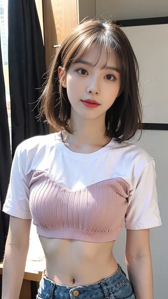 8K, high resolution, masterpiece, photorealistic,Tight T-shirt,A T-shirt that shows off your bust, Large Breasts, Big Tits, Patsy T-shirt, Pink small t-shirt, Accentuates the bust line clearly､ Accentuate your breasts, Very swollen breasts, K-Cup, Tシャツから胸の形が分かるほどにLarge Breasts