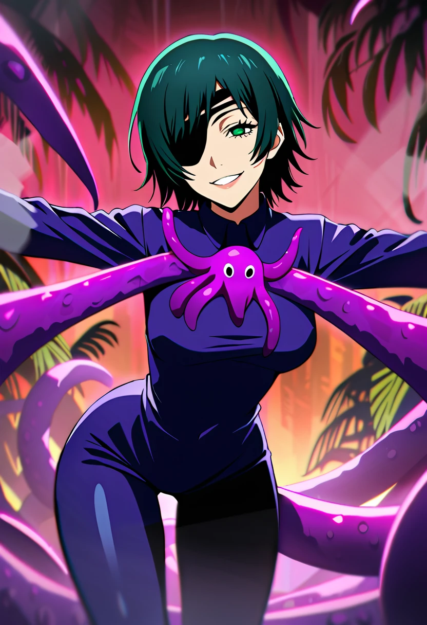 himeno, himeno(Chainsaw Man), 1girl, black hair, short hair, eyepatch, solo, Grin, Villains, chest, View your audience, Seductive smile, A woman is dancing on a group of smooth tentacles, dynamic,  (a large number of tentacles entangled in the body), (lots of octopus tentacles), (My chest is being massaged by a large number of tentacles), (A sticky pink liquid adheres to the body), holding octopuses on both hands, Bending forward, Spread arms, Raised arms, jungle Background, at Night, Purple leotard, sweet, Steam, dripping, Dark atmosphere, masterpiece, Top animation quality，Top image quality,