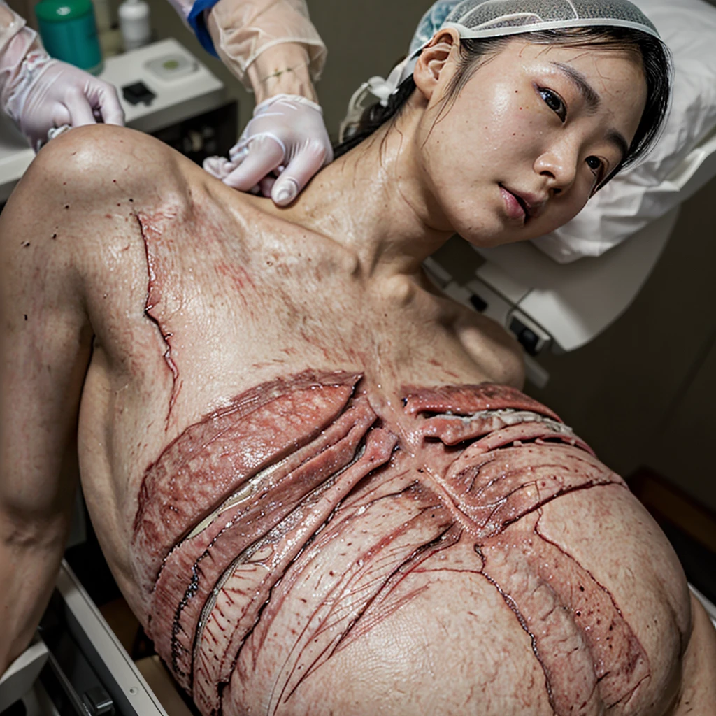 Japanese woman being vivisected, 20-year-old, operating table, laparotomy, During surgery, The most beautiful woman, The horrific treatment room, Evisceration, Highest quality, masterpiece, Ultra-high resolution, (Realistic:1.4), RAW Photos, (Real skin texture:1.3), (Film Grain:1.3),
